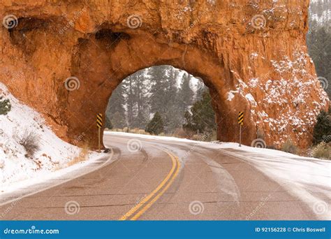 Utah Highway 12 Tunnel Through Red Canyon Winter Snow Stock Photo