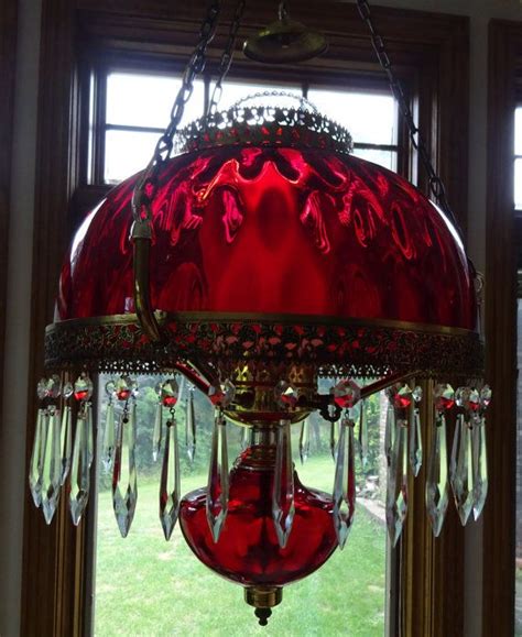 Red Ruby Glass Hanging Parlour Lamp With 32 Crystal Prisms Electrical