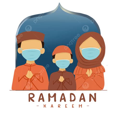 Gambar Keluarga Memakai Topeng Wajah Merayakan Ramadan Kareem Salam