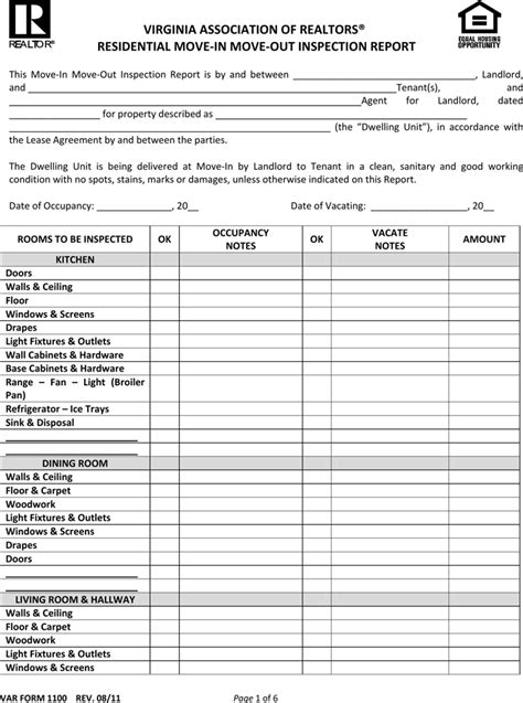 Free Virginia Move In Move Out Condition Report Form Pdf 331kb 6