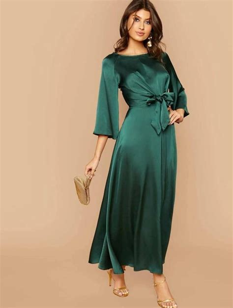 Emerald Green Satin Sophisticated Flowy Elegant Dress Modest Etsy