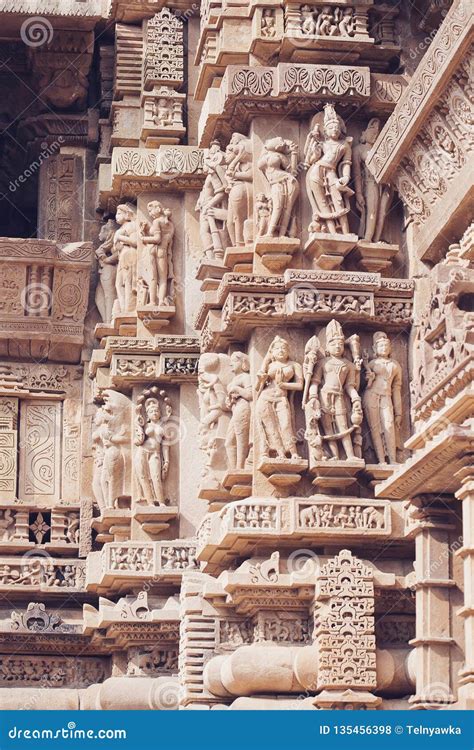 Ancient Bas Relief At Famous Erotic Temple In Khajuraho India Stock