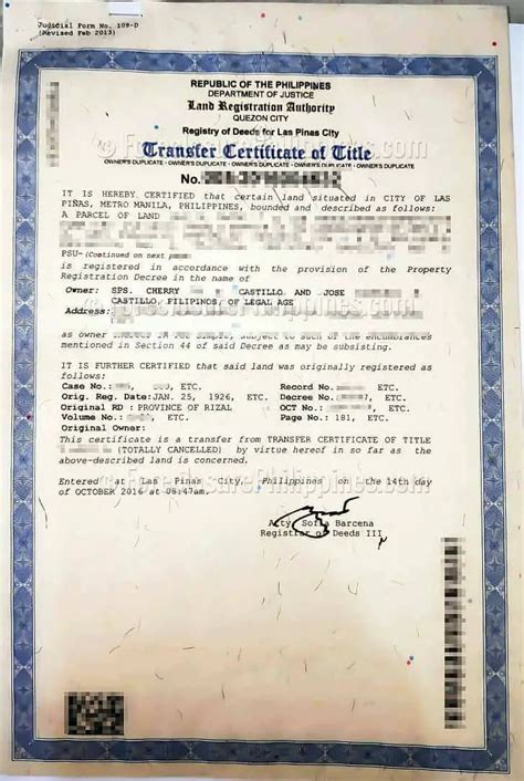 Transfer Certificate Of Title Sample
