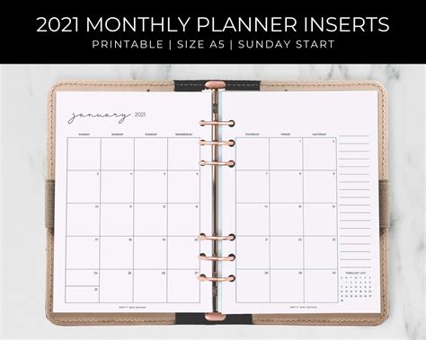 2021 Monthly A5 Planner Inserts Printable Month On Two Pages Etsy
