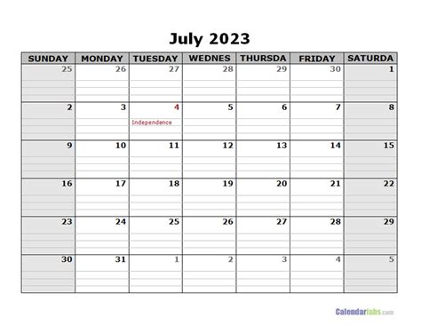 July 2023 Calendar Word Free Printable Templates