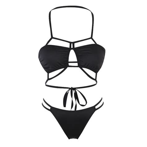 Hot Sale Sexy Women Stiped Black Bikini Set Bandage Sexy Padded Summer Sex Swimwear Swimsuit