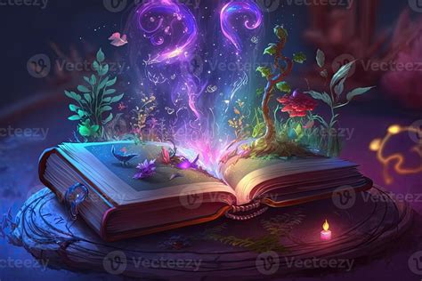 Open Magical Book With Glowing Lights Over Pages On Abstract Background