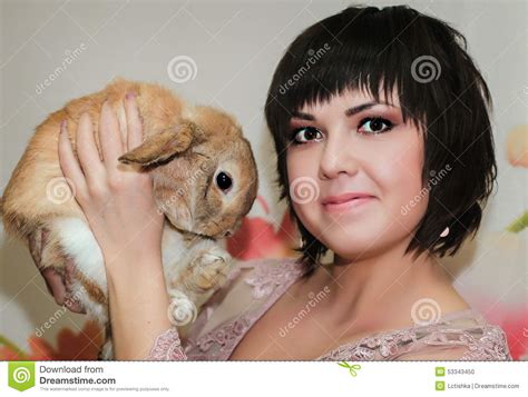 Girl And Pygmy Rabbit Stock Photo Image Of Playful Fluffy 53343450