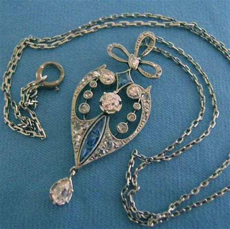 Antique Platinum Diamond Sapphire Edwardian Lavaliere Necklace From