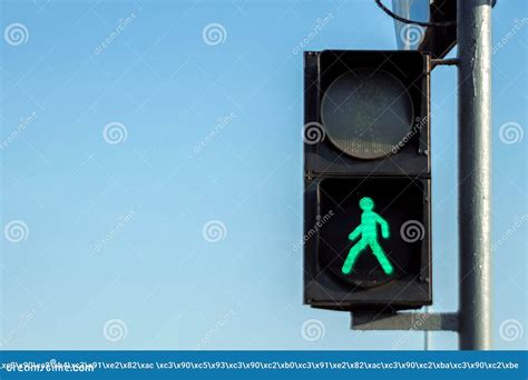 Green Pedestrian Traffic Light Against The Sky Stock Image Image Of