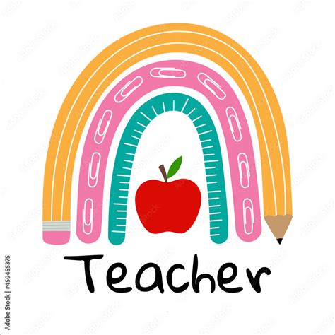 Teacher Rainbow School Rainbow With Red Apple Pencil Ruler Vector