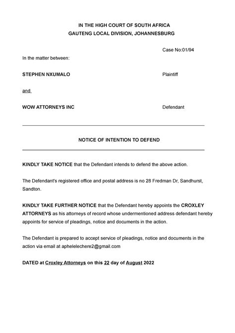 Notice Of Intention To Defend 33 In The High Court Of South Africa Gauteng Local Division