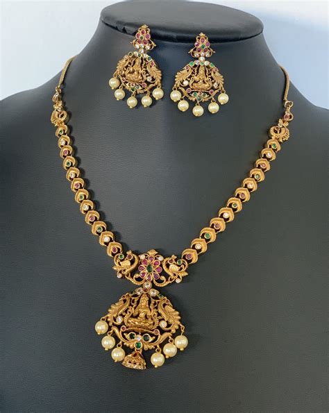 Antique Gold Finished Lakshmi Devi Necklace Set South Indian Jewelry