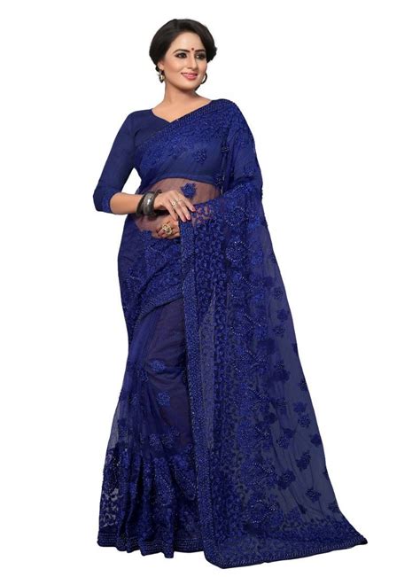 Royal Blue Embroidered Net Saree With Blouse Ankit Fashions 2800805