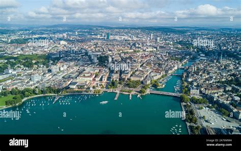 Beautiful Aerial Drone View Of Zurich City And Lake During Summer Time