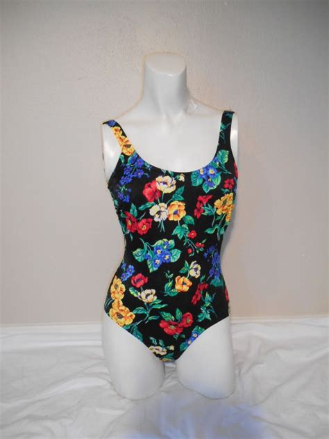 Vintage 80s 90s Swimsuit Bathing Suit Swimming One Piece Floral Black