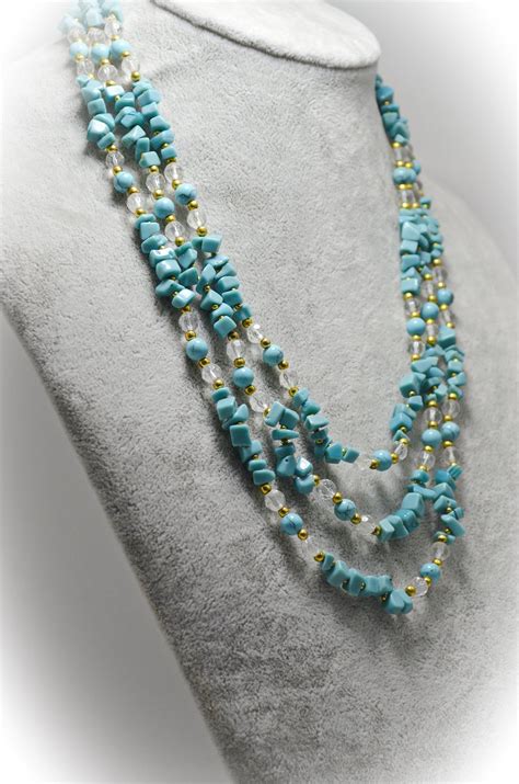 Blue Beaded Necklace Turquoise And Crystal Holiday Jewelry Etsy