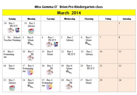 March Time Table Pre Kindergarten