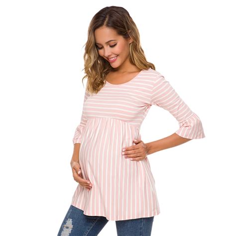 ruffle maternity tops loose pregnancy blouse striped t shirt tunic 3 quarter casual maternity