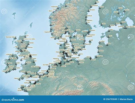 Map Of Europe Continent Illustration With The Biggest Ports Stock