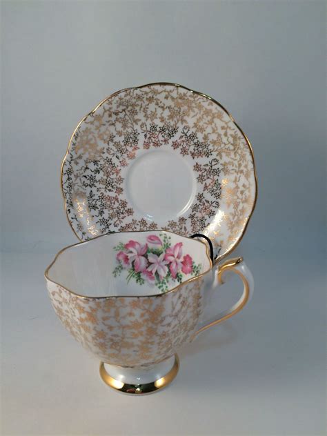 Morning glory pattern #288a heavy gild gold trim. Fine Bone China Tea Cup Saucer Gold Filigree Chintz ...