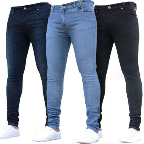 men s stretch slim fit denim pants casual long plain trousers skinny jeans tight ebay