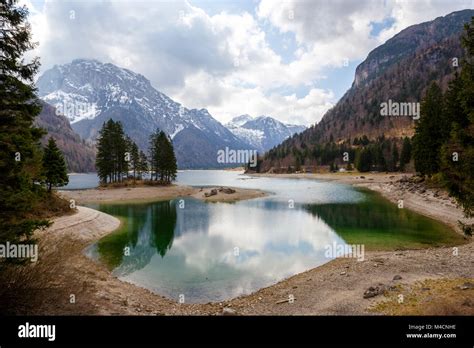 Lonely Island In Lago Del Predil Julian Alps Italy Europe Stock