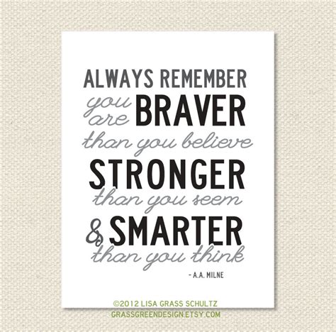 Your order is for a digital download and will include 4 digital files of the quote: Always Remember You Are Braver Than You Believe Winnie The