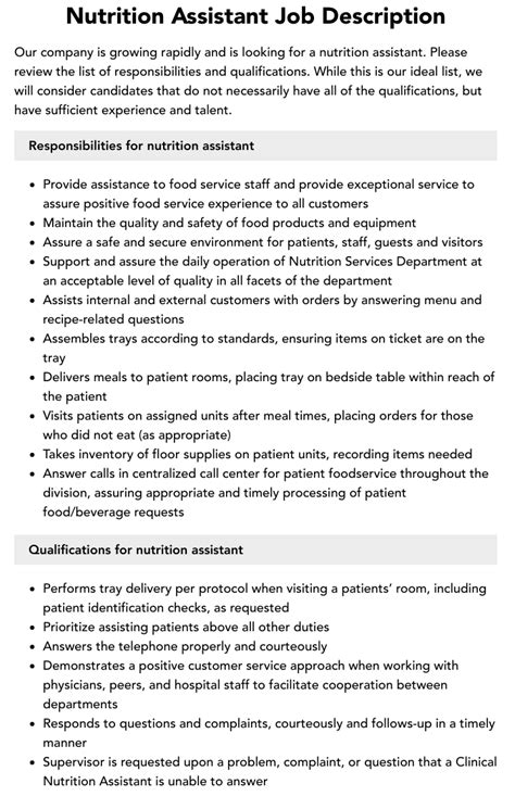 Nutrition Assistant Job Description Velvet Jobs