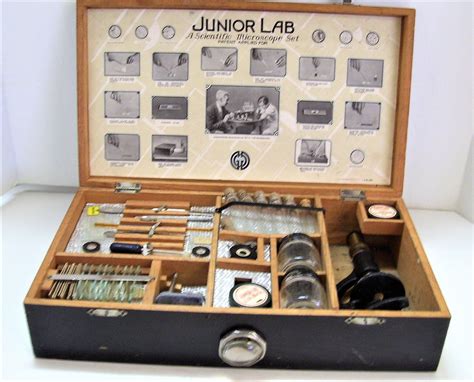 Vintage Junior Lab Scientific Microscope Set In Wooden Case As Is