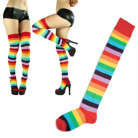 Hallows Rainbow Sexy Women Stockings Striped Long Knee Socks Over The