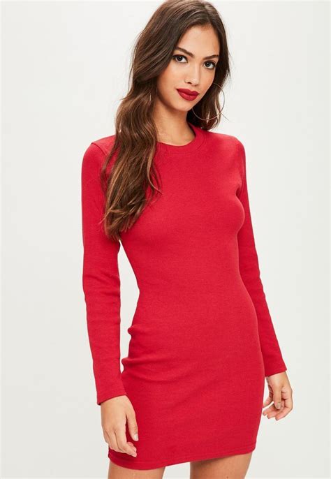 Red Ribbed Long Sleeve Bodycon Mini Dress With Images Dresses Mini