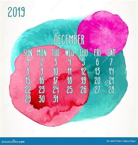 December Year 2019 Colorful Watercolor Paint Monthly Calendar Stock