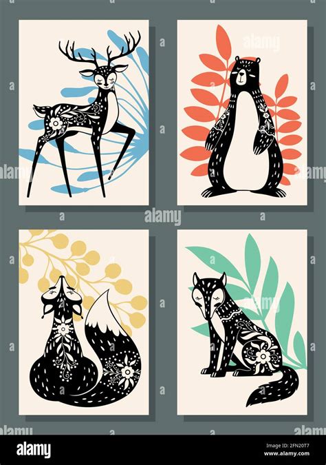 Animals Posters Scandinavian Style Modern Forest Fox Bear And Wolf
