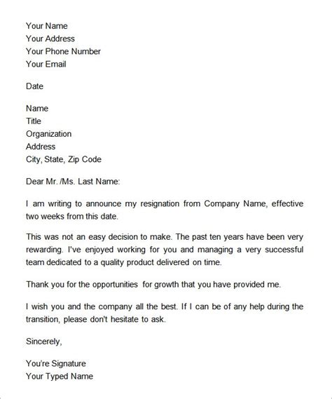 Two Weeks Resignation Letter Template Free Download Programs