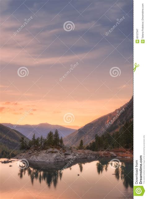 Sunset Mountain Lake With Pink Calm Waters Altai Mountains Highland