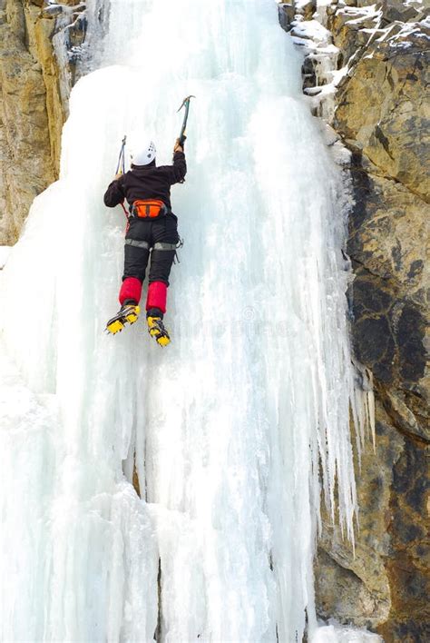 Climbing A Frozen Waterfall Stock Image Image Of Mountains Cold