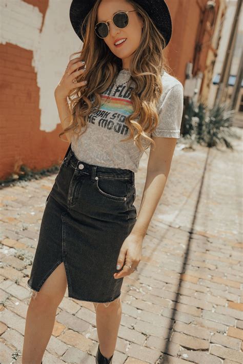 Edgy Fall Transition Outfit Styled With Vintage Band Tee High Waisted Denim Skirt And Black
