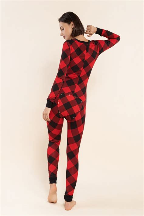 Sexy Pyjama Jumpsuit With Butt Flap Ladies Sleepsuit Onezee Black Red