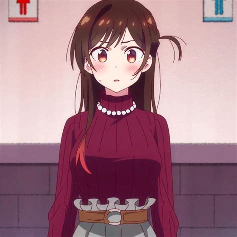 An Anime Girl With Long Brown Hair Wearing A Red Sweater And Blue Jeans