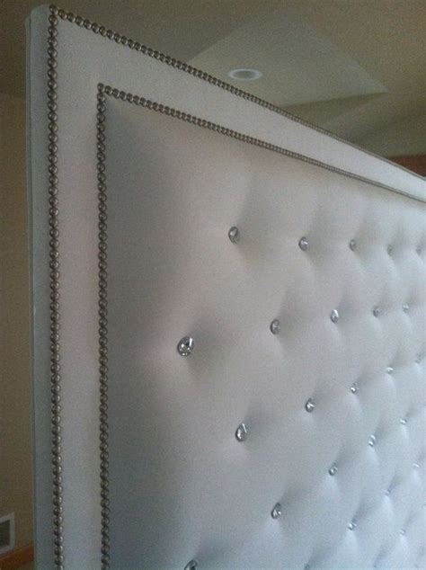 white faux leather crystal button tufted headboard