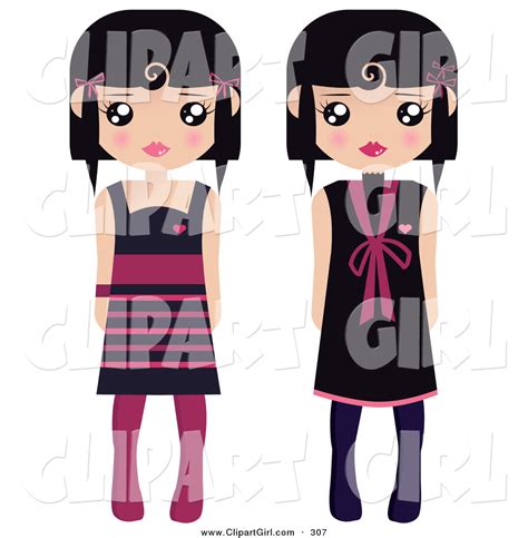Clip Art Of A Pair Of Black Haired Female Paper Dolls In Black And Pink Dresses And Tights By