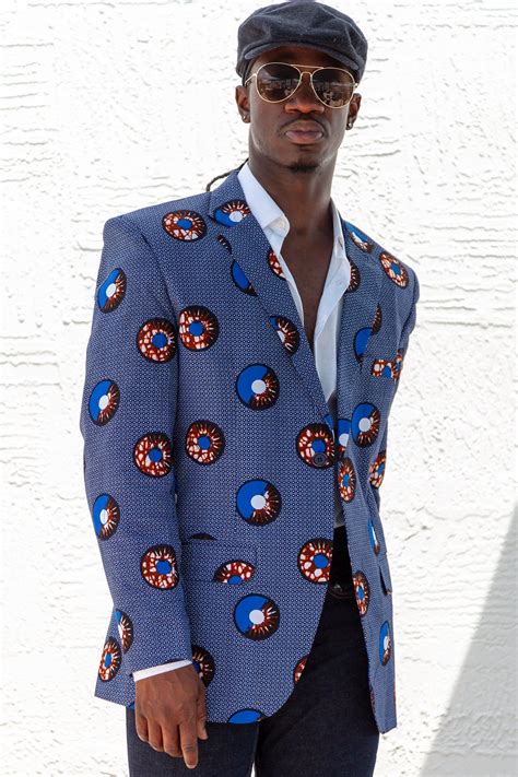 African Print Mens Blazer Jacket Bluewhite And Brown Circleconcentric