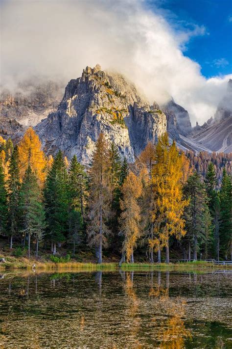 Lake Antorno In Dolomite Alps And Colorful Trees In Autumn Season Stock