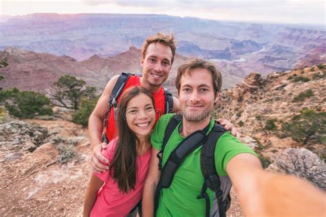 Selfie Group Of Tourists Friends Hikers Hiking Outdoor Happy People