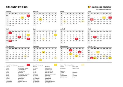 Calendrier 2023 • Calendrier Belgique