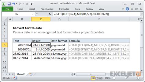 Starting from cell containing the formula, select the range of cells from left to right (the first cell in the selected range should be containing the formula), then press ctrl+r. Excel formula: Convert text to date | Exceljet