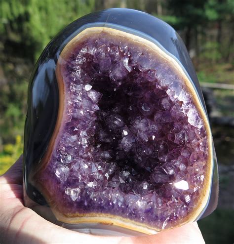 2 Pound 9 Ounce Amethyst Geode With Polished Agate Yellow Banded Edge