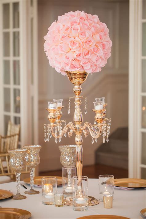 Gold Candelabra Pink Rose Wedding Reception Centerpiece Quinceanera