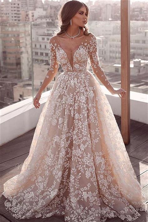 Beautiful Lace Applique Wedding Dresses Long Sleeves Floral Bridal Gowns Wedding Dresses